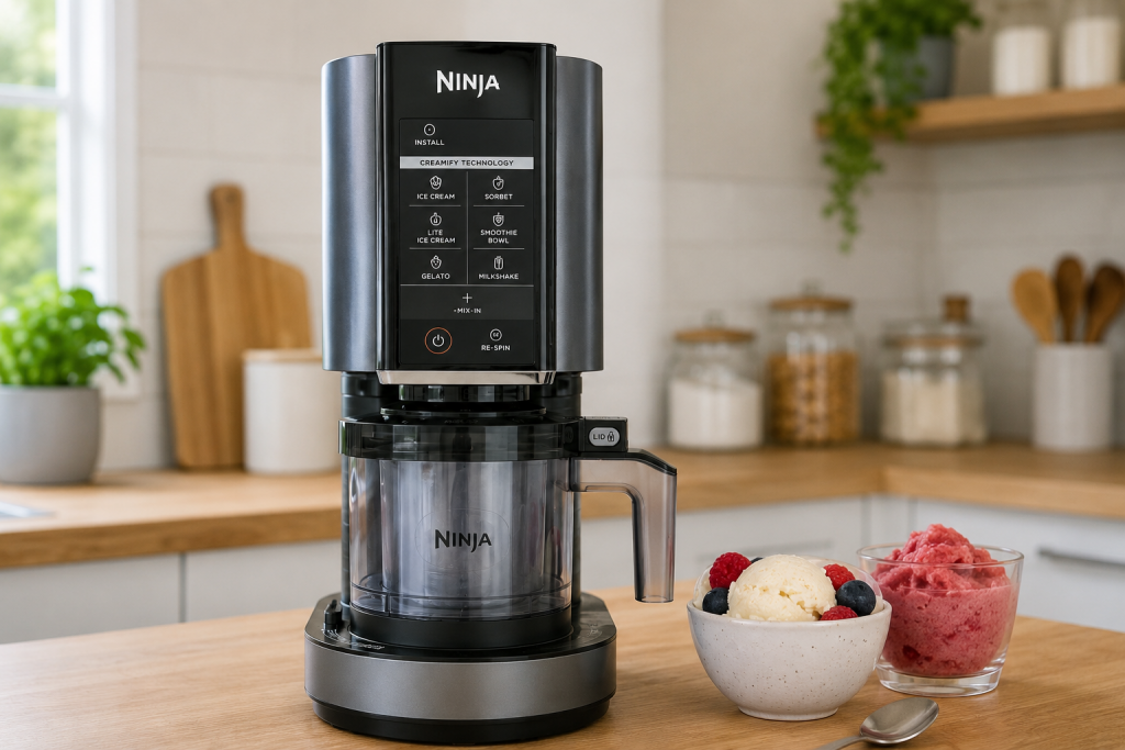 Ninja Creami posé sur un plan de travail avec glace et sorbet, disponible à la location avant achat sur Cookiflex