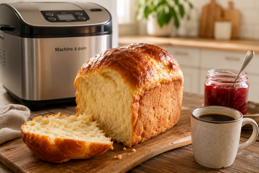Brioche moelleuse préparée dans une machine à pain et servie au petit-déjeuner