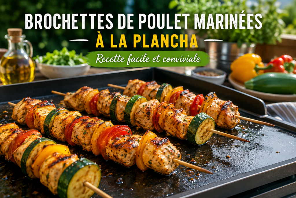 Brochettes de poulet marinées en cuisson sur une plancha