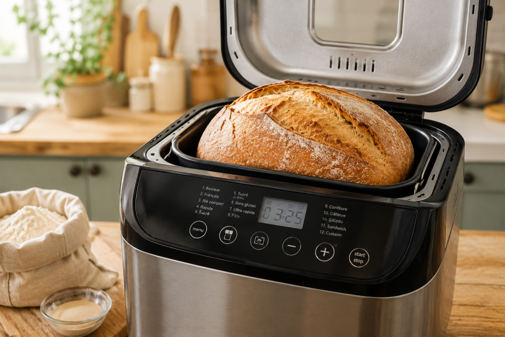 Pain de campagne doré et croustillant préparé avec une machine à pain dans une cuisine familiale moderne
