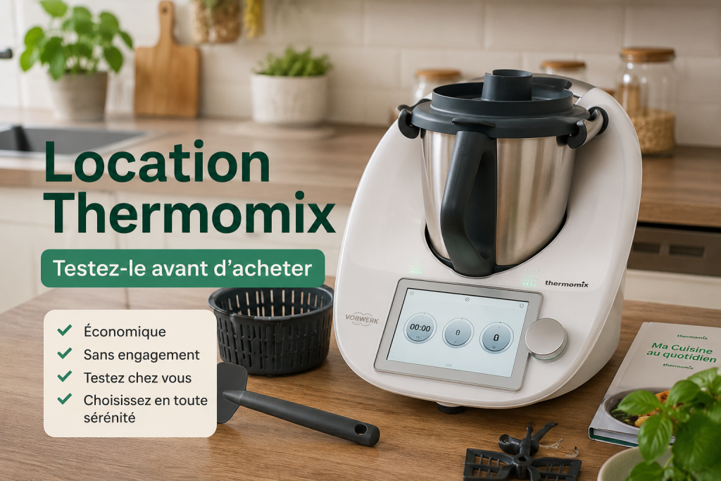 Location d'un Thermomix dans une cuisine moderne pour tester l'appareil avant achat