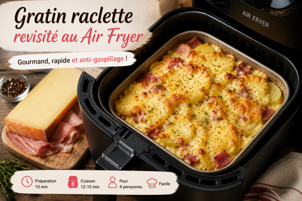 Gratin de pommes de terre et fromage à raclette préparé au Air Fryer