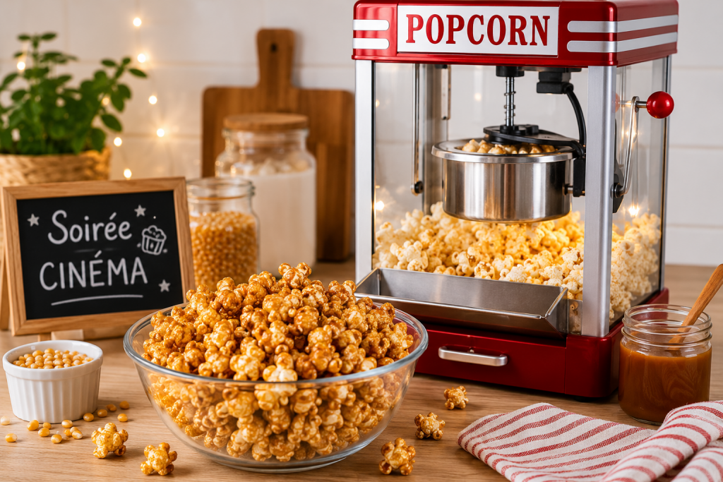 Pop-corn caramel maison préparé avec une machine à pop-corn