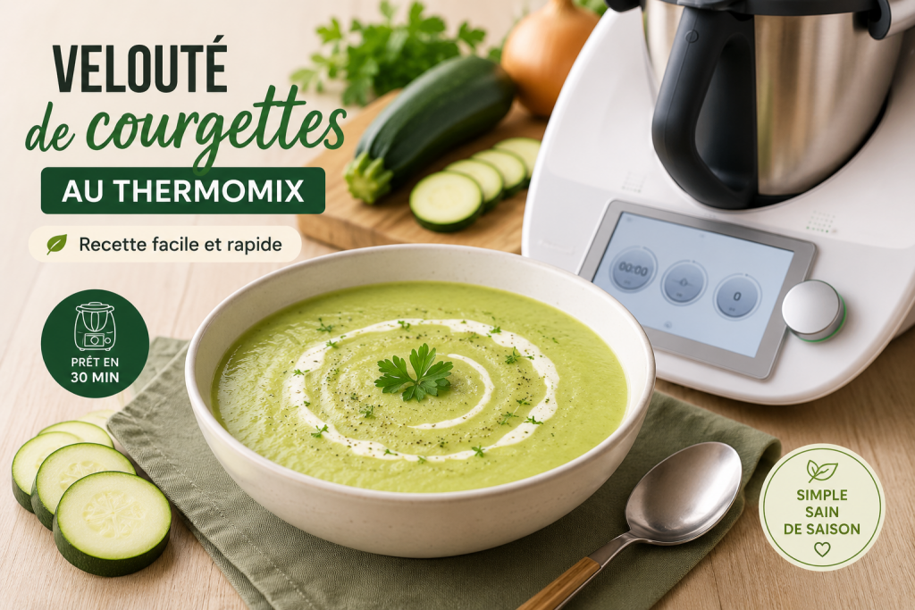 Bol de velouté de courgettes préparé au Thermomix avec une recette facile et rapide pour toute la famille