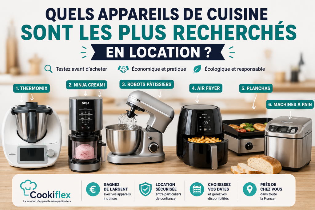 Illustration des appareils de cuisine les plus recherchés en location entre particuliers : Thermomix, Ninja Creami, robot pâtissier, Air Fryer, plancha et machine à pain sur Cookiflex.