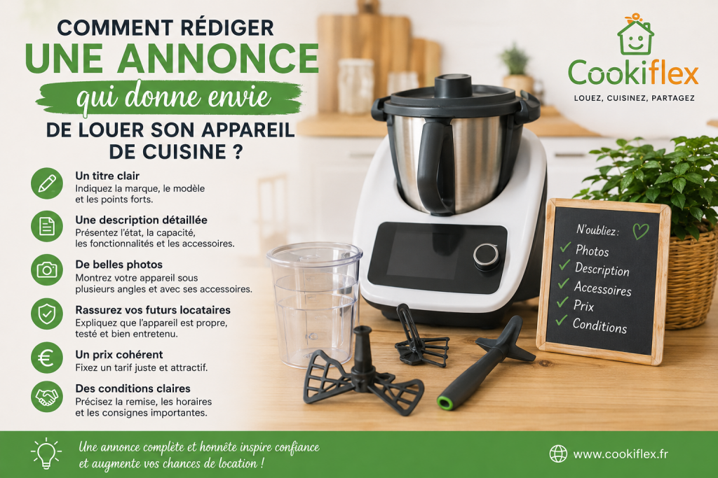 Conseils pour rédiger une annonce de location d’appareil de cuisine avec un titre clair, de belles photos, un prix cohérent et des conditions précises.