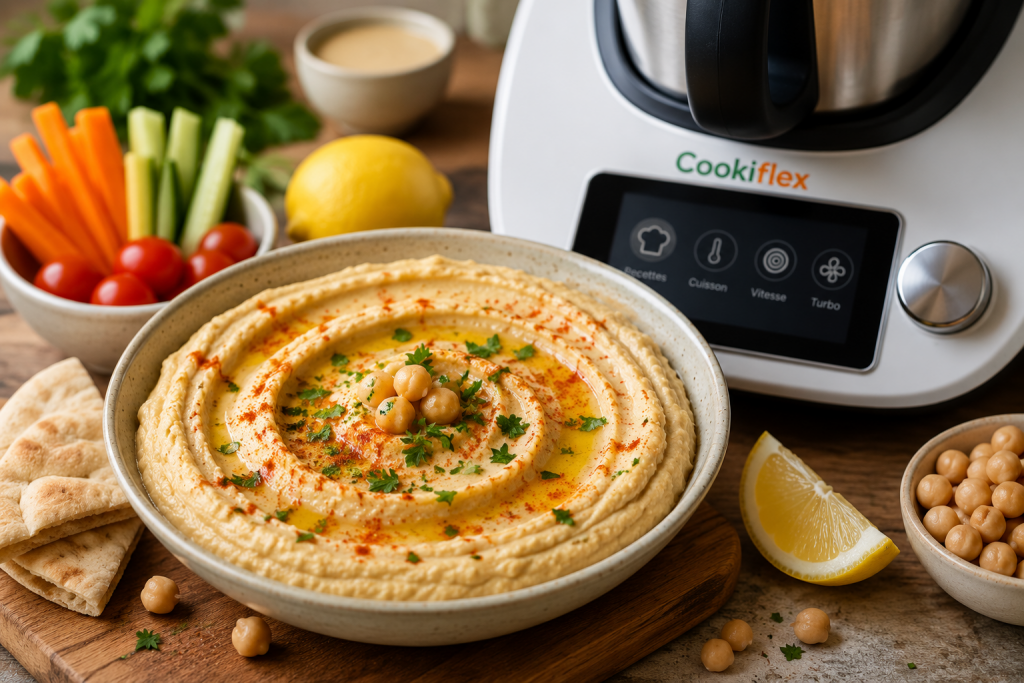 Bol de houmous maison préparé au robot cuiseur, garni d'huile d'olive, de paprika et de persil frais.