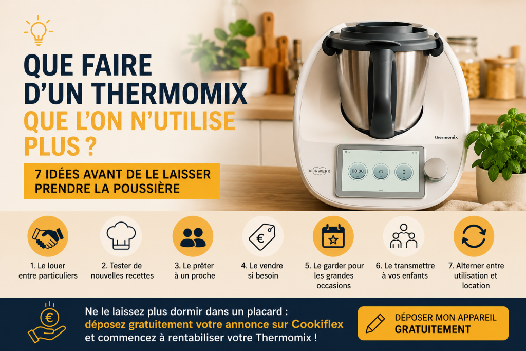 Thermomix inutilisé sur un plan de travail avec des idées pour le rentabiliser grâce à la location entre particuliers sur Cookiflex