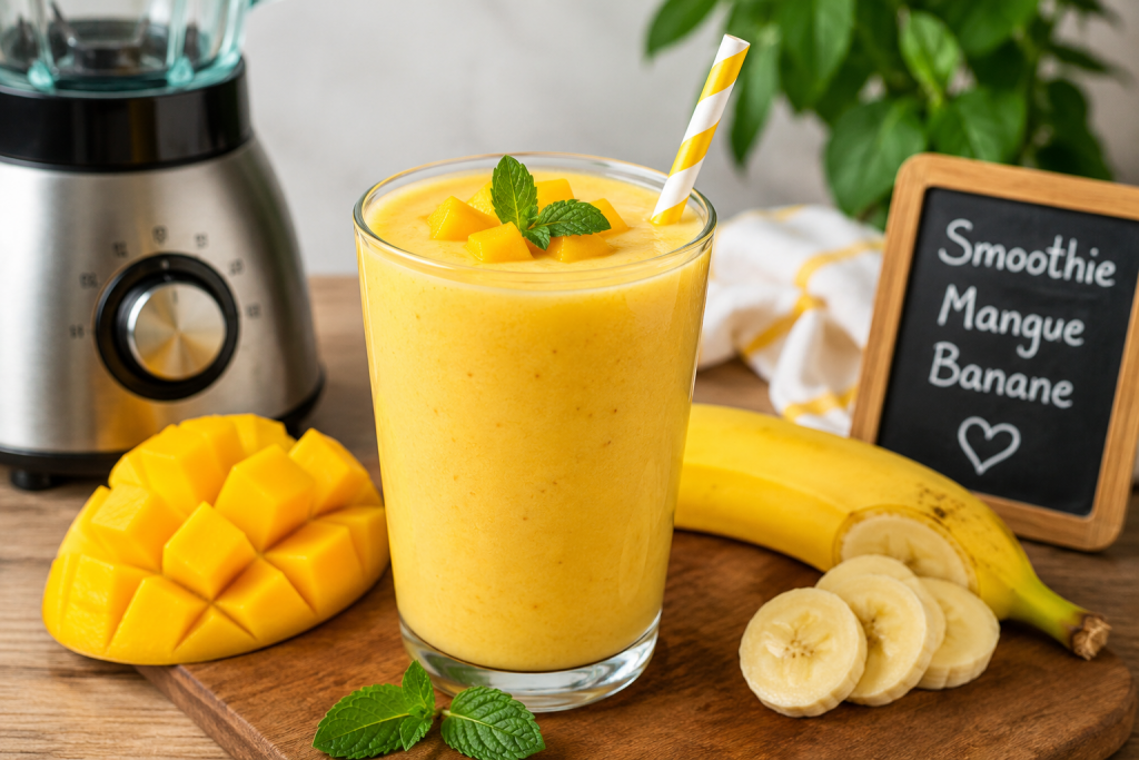 Smoothie mangue banane préparé au blender dans un grand verre avec des fruits frais