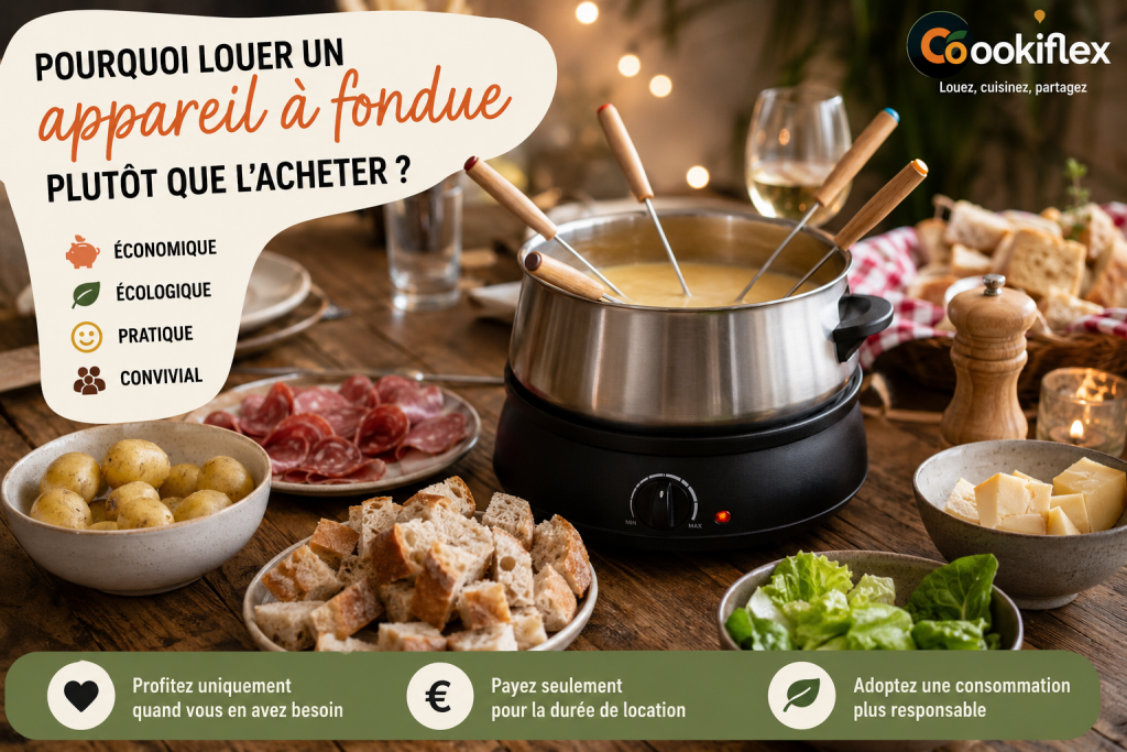 Appareil à fondue prêt à être utilisé lors d'un repas convivial entre amis grâce à la location entre particuliers sur Cookiflex.