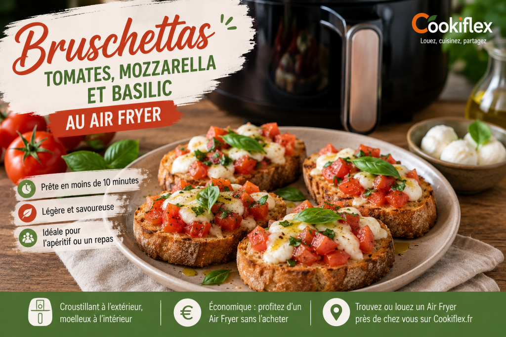 Bruschettas croustillantes aux tomates, mozzarella et basilic préparées au Air Fryer.