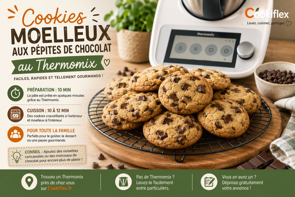 Cookies moelleux aux pépites de chocolat préparés avec un Thermomix sur une grille de refroidissement.