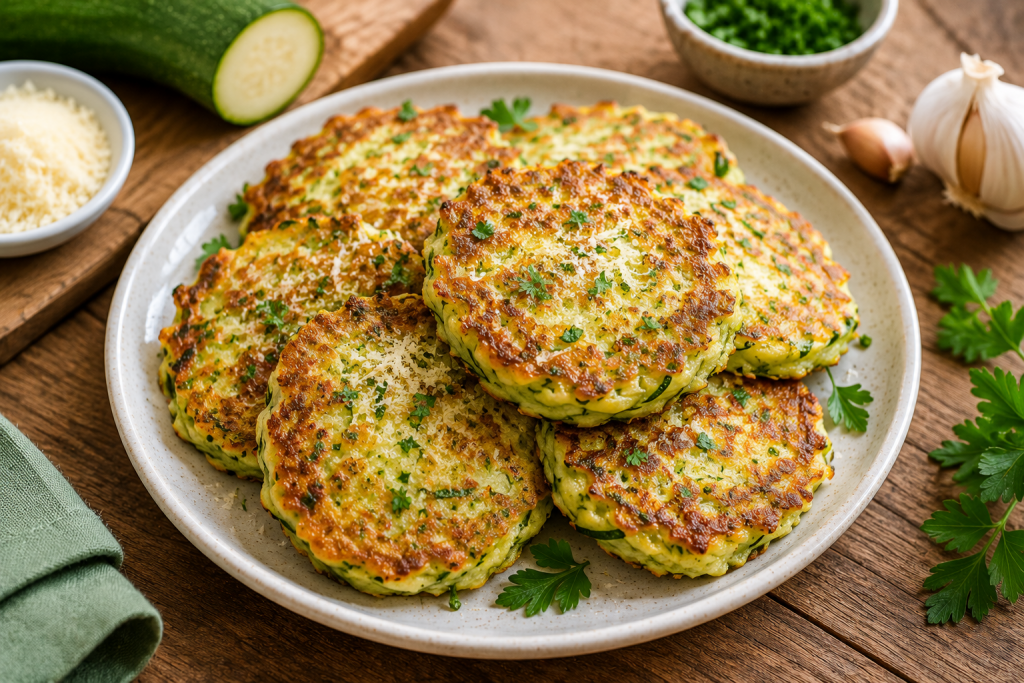Assiette de galettes de courgettes au parmesan dorées et croustillantes, servies avec des courgettes fraîches, de l'ail et du persil