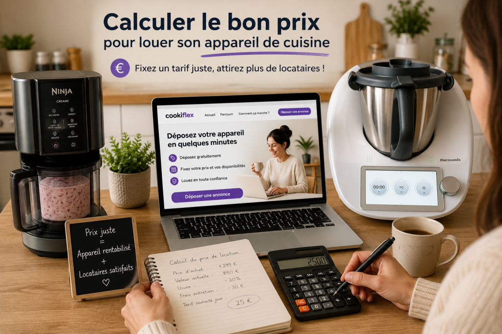 Personne calculant le prix de location d'un appareil de cuisine entre particuliers avec un Ninja Creami, un Thermomix et une calculatrice avant de publier une annonce sur Cookiflex.
