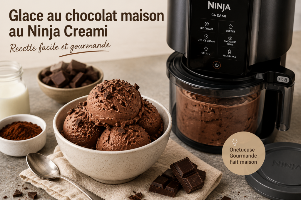 Glace au chocolat maison préparée avec un Ninja Creami et servie dans un bol avec des copeaux de chocolat.