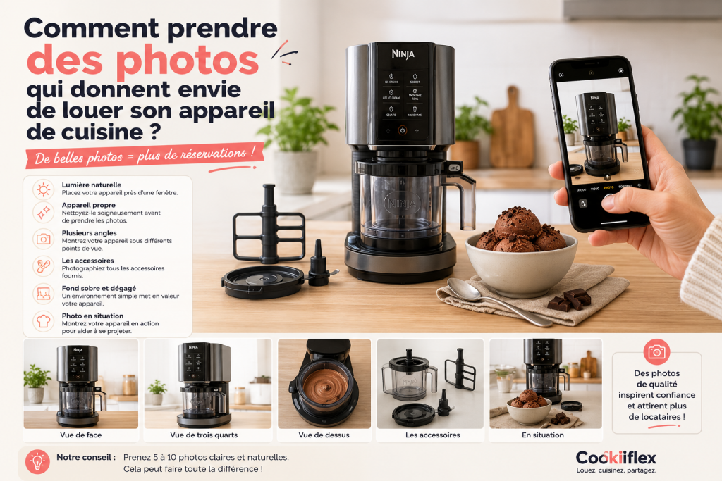Personne photographiant un appareil de cuisine propre sur un plan de travail lumineux avant de publier une annonce de location sur Cookiflex.