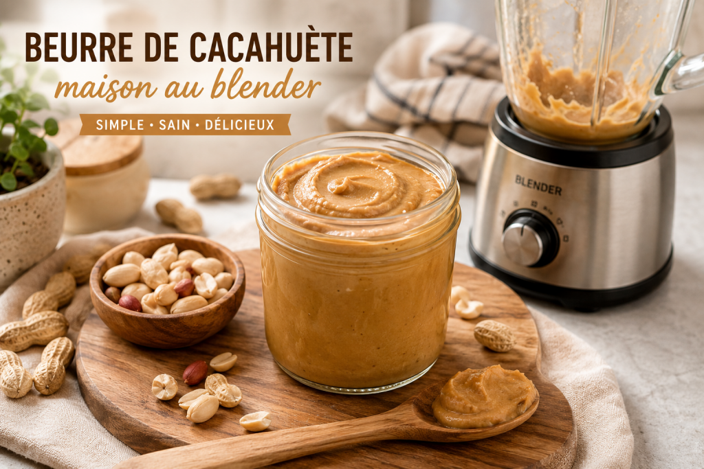 Pot de beurre de cacahuète maison préparé au blender, accompagné de cacahuètes grillées et d'une cuillère en bois sur un plan de travail de cuisine.