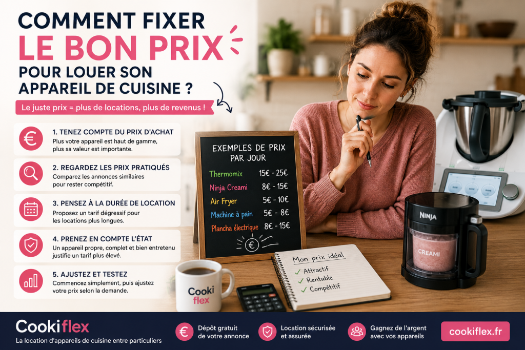 Femme calculant le tarif de location d'un appareil de cuisine avec des exemples de prix pour un Thermomix, un Ninja Creami, un Air Fryer et une machine à pain sur Cookiflex.