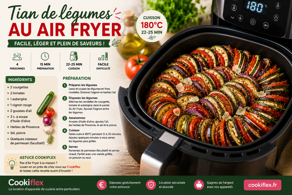 Tian de légumes cuit au Air Fryer avec des courgettes, tomates, aubergines et oignons, accompagné de la recette complète et des ingrédients sur Cookiflex.
