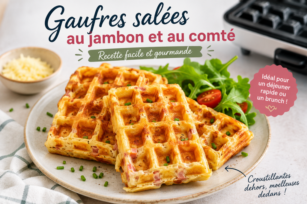 Gaufres salées maison au jambon et au comté servies avec une salade verte, préparées dans un gaufrier.