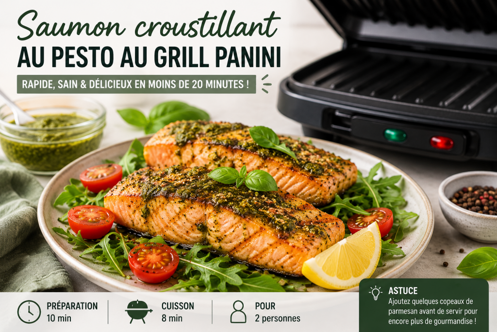 Pavés de saumon cuits au grill panini avec pesto, citron et salade