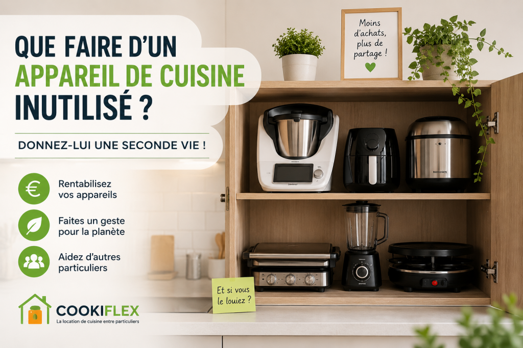Placard de cuisine contenant plusieurs appareils électroménagers inutilisés avec un message expliquant comment leur donner une seconde vie grâce à la location entre particuliers sur Cookiflex.