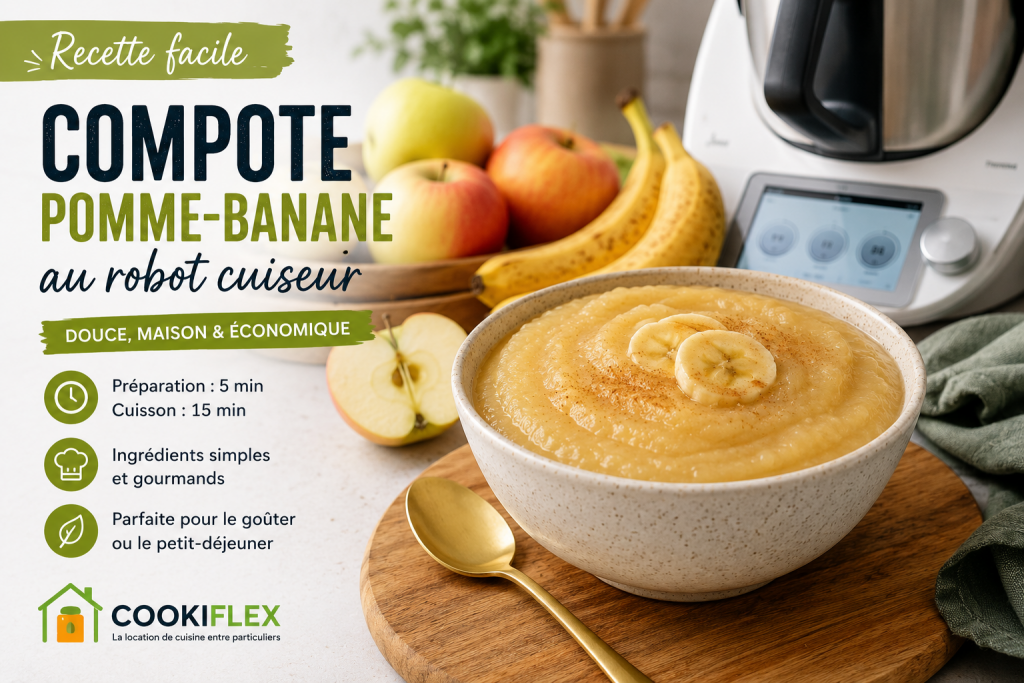 Bol de compote pomme-banane maison préparée avec un robot cuiseur, accompagné de pommes, de bananes et d'un robot de cuisine, pour une recette facile et économique proposée par Cookiflex.