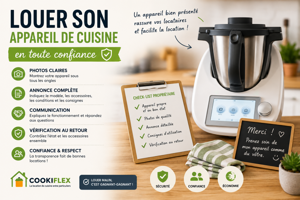 Infographie expliquant comment louer un appareil de cuisine en toute confiance avec des conseils sur les photos, l'annonce, la communication, la vérification du matériel et la location entre particuliers sur Cookiflex.