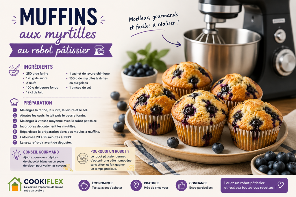 Assiette de muffins aux myrtilles moelleux préparés avec un robot pâtissier, accompagnée d'un robot de cuisine et de myrtilles fraîches, illustrant une recette maison facile proposée par Cookiflex.