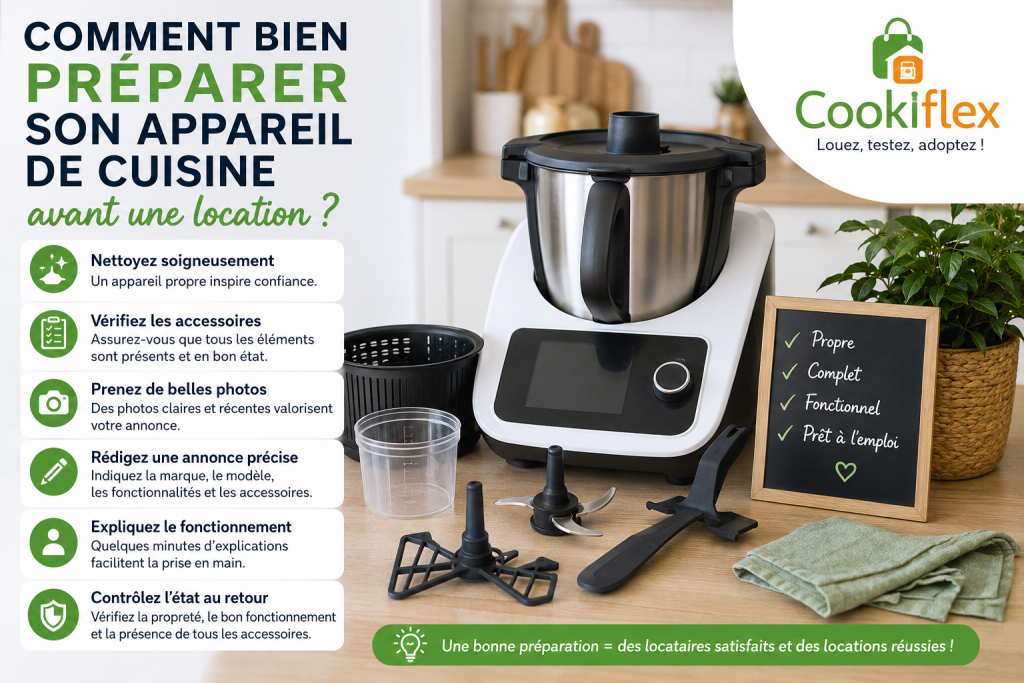 Infographie montrant comment préparer un appareil de cuisine avant une location entre particuliers : nettoyage, vérification des accessoires, photos, annonce détaillée et contrôle de l'appareil avant remise au locataire.