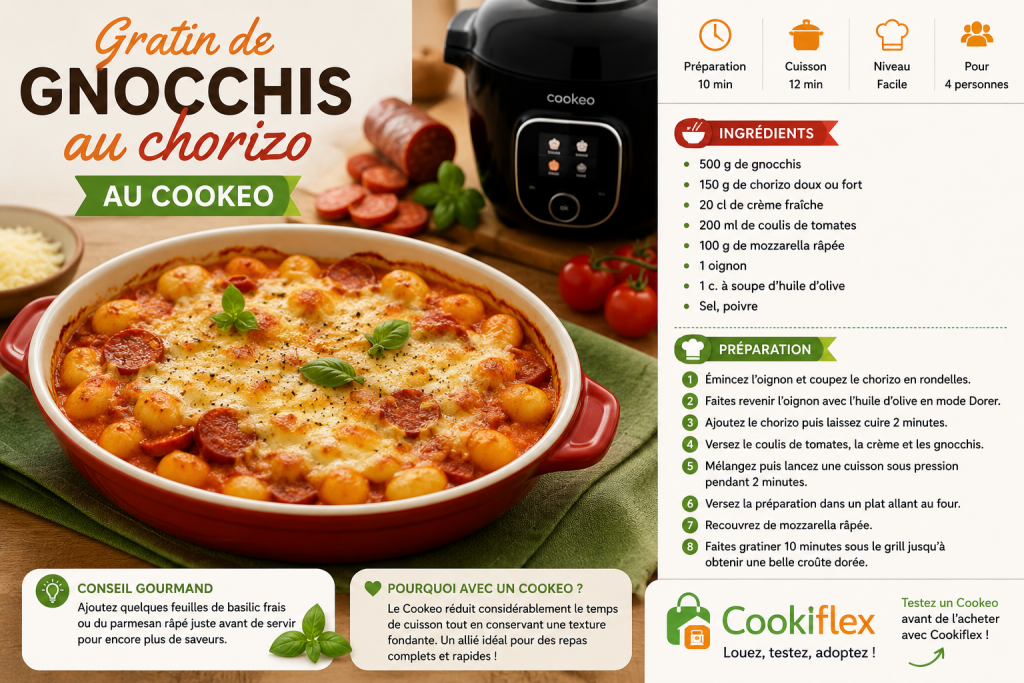 Gratin de gnocchis au chorizo préparé avec un Cookeo, gratiné à la mozzarella et servi dans un plat au four, accompagné d'une fiche recette illustrée avec les ingrédients et les étapes de préparation.