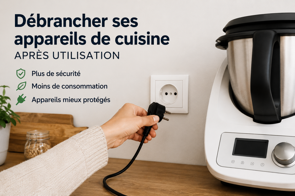Prise électrique d'un appareil de cuisine débranché après utilisation pour économiser l'énergie et améliorer la sécurité.