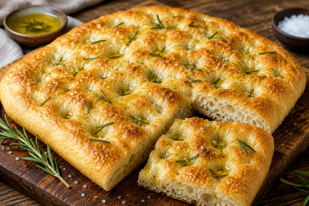 Focaccia maison moelleuse au romarin préparée avec une machine à pain ou un robot pâtissier.