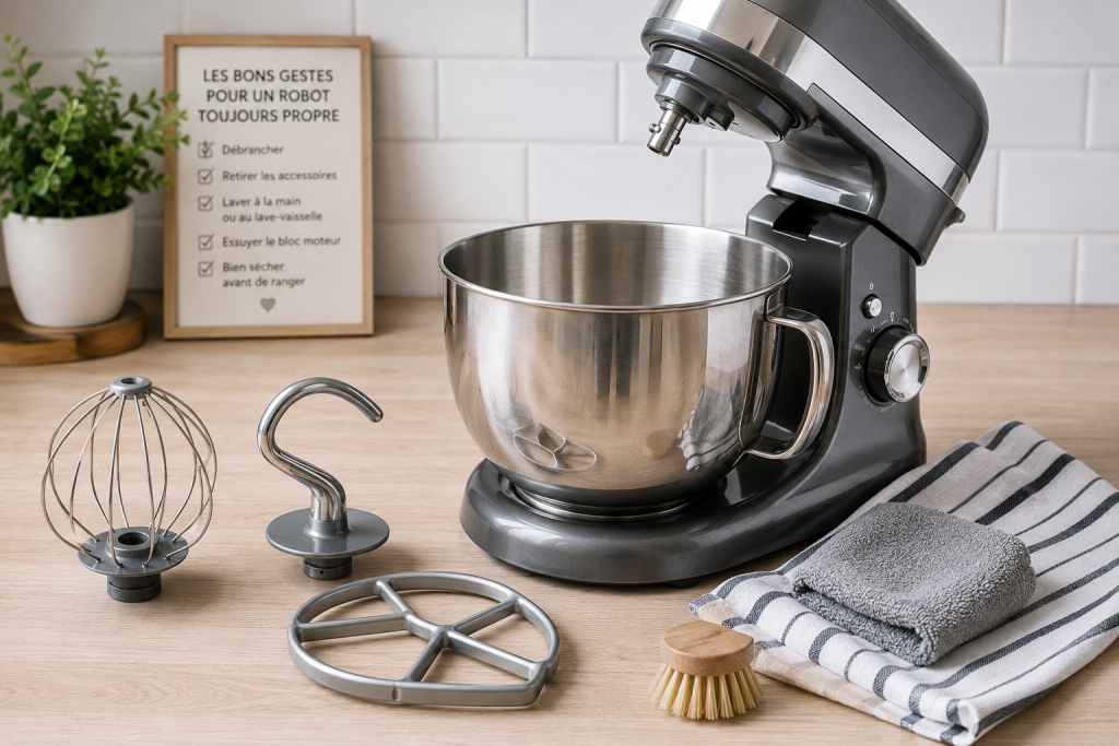 Robot pâtissier propre avec bol et accessoires nettoyés après une recette maison