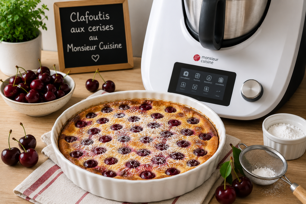 Clafoutis aux cerises doré préparé avec un Monsieur Cuisine et servi dans un plat en céramique