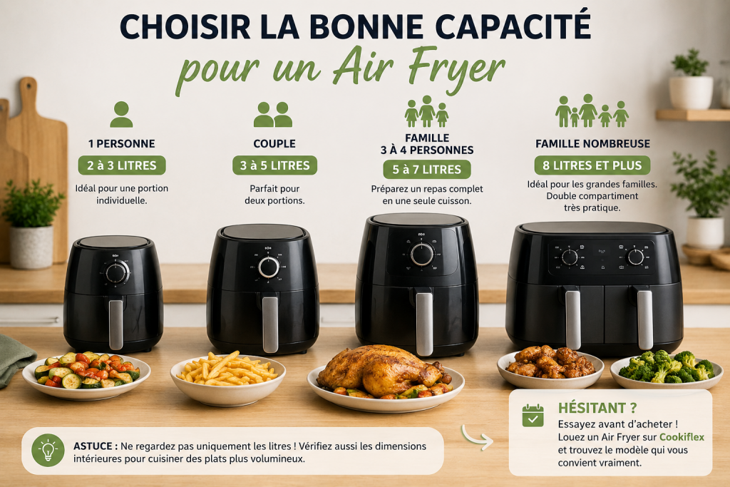 Comparaison de plusieurs Air Fryers de différentes capacités pour une personne, un couple ou une famille