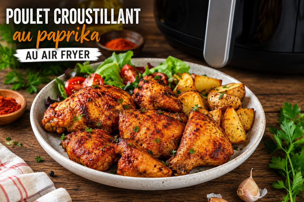 Morceaux de poulet croustillants au paprika cuits au Air Fryer avec légumes et pommes de terre