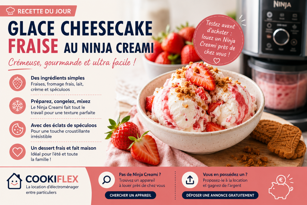 Glace cheesecake fraise au Ninja Creami avec fraises fraîches et spéculoos