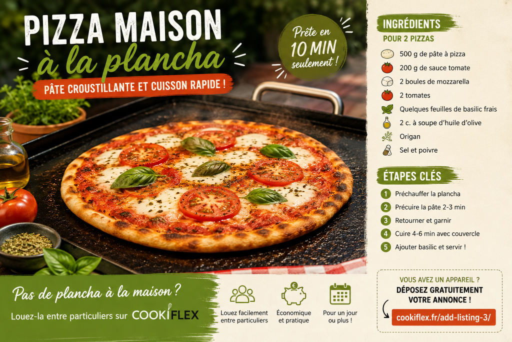 Pizza maison à la plancha avec mozzarella, tomates et basilic frais